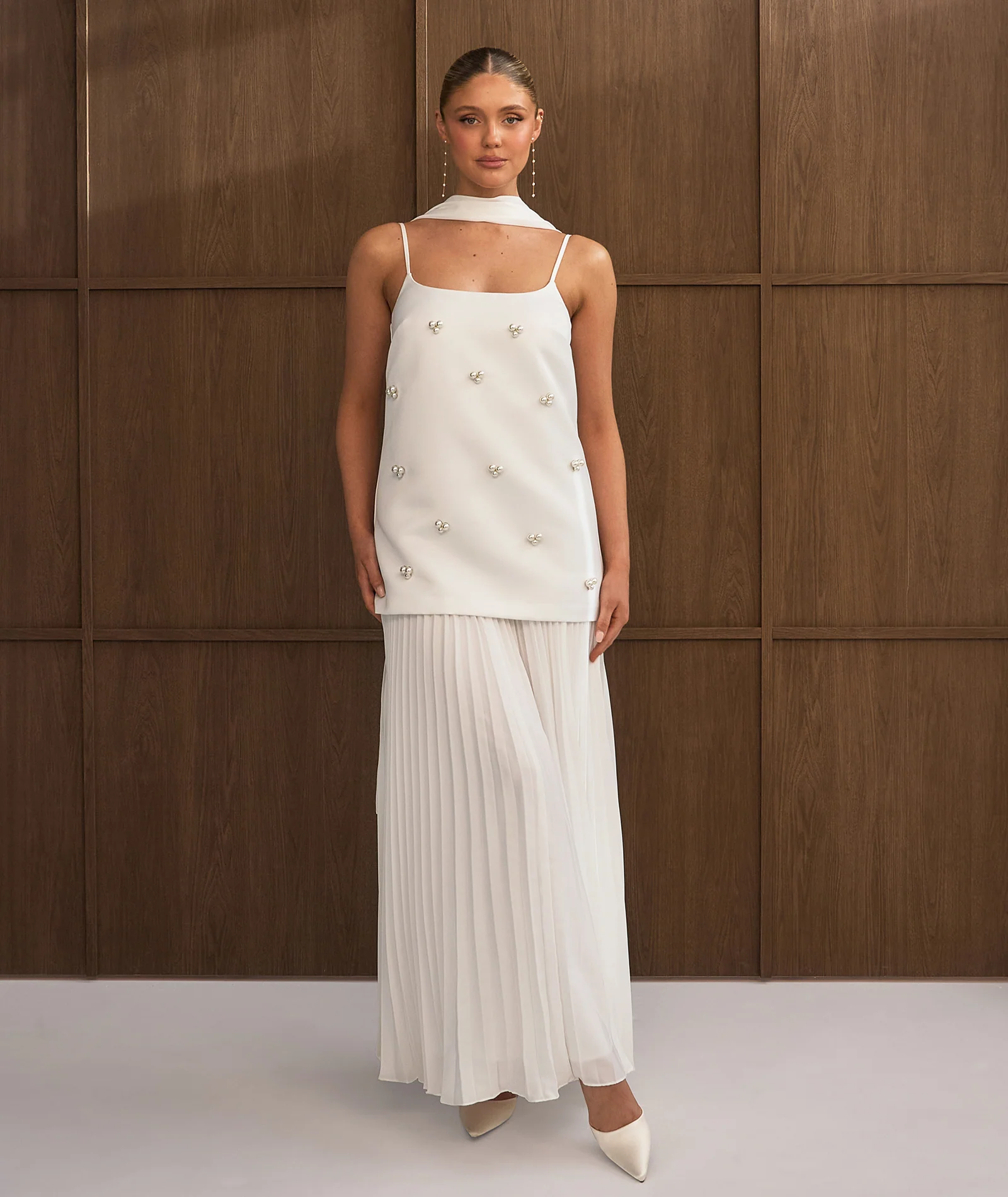 Pearl Embellished Maxi Dress with Neck Scarf - White