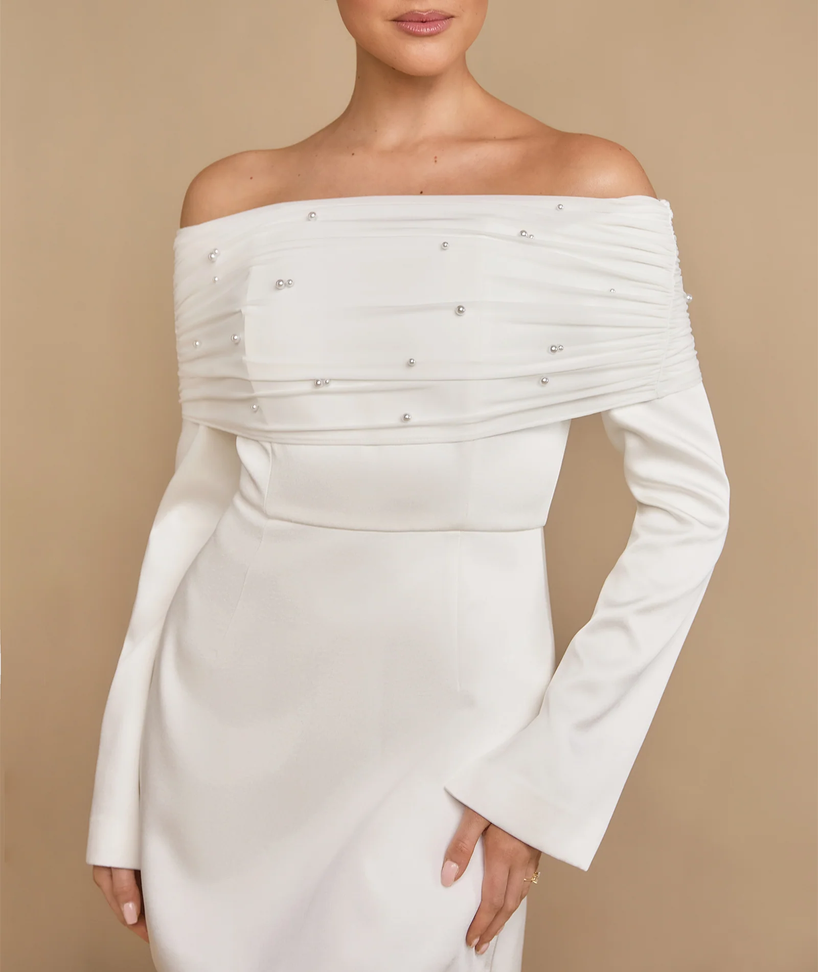 Pearl Trim Bardot Mini Dress - White - Image 2