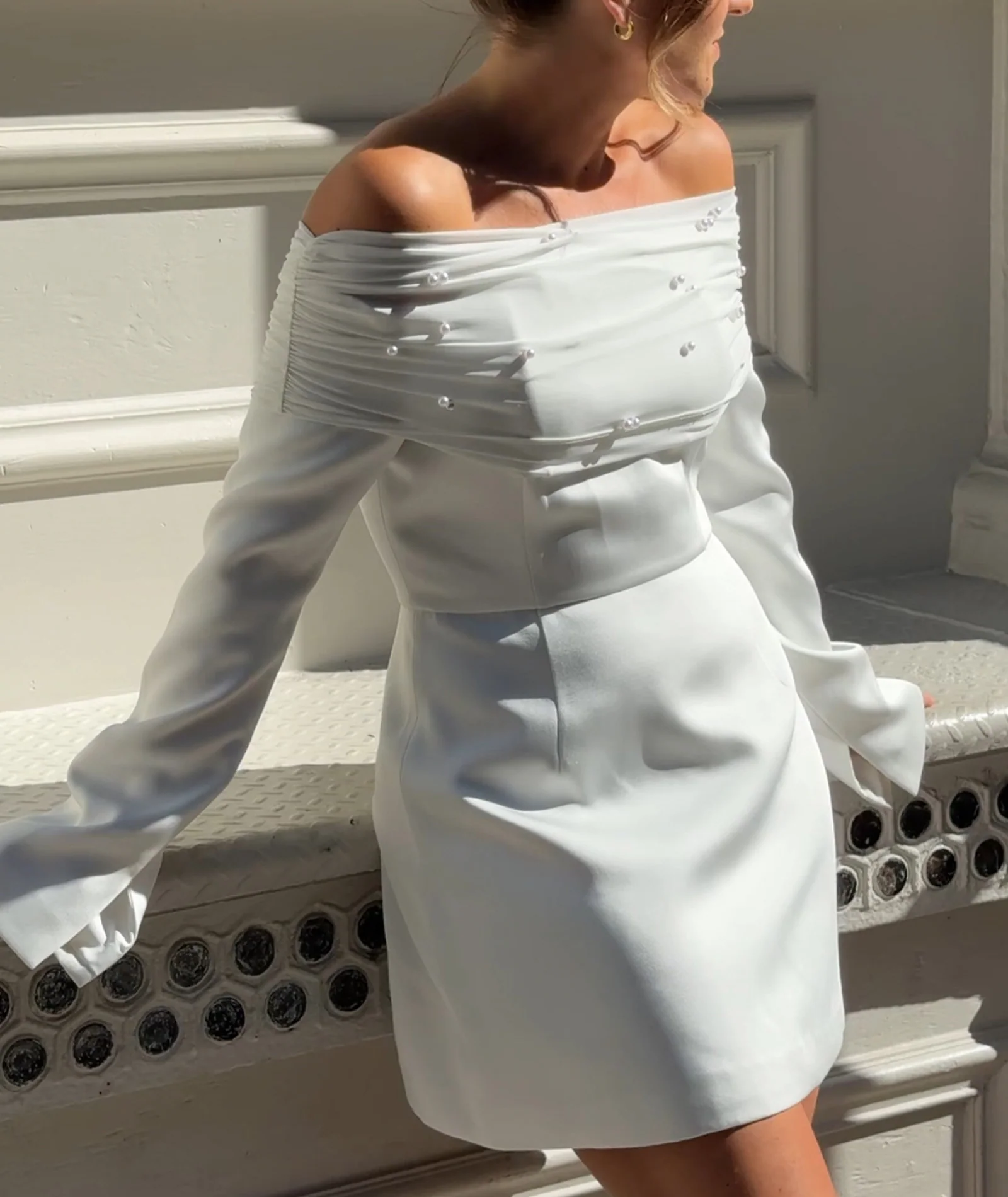 Pearl Trim Bardot Mini Dress - White - Image 7