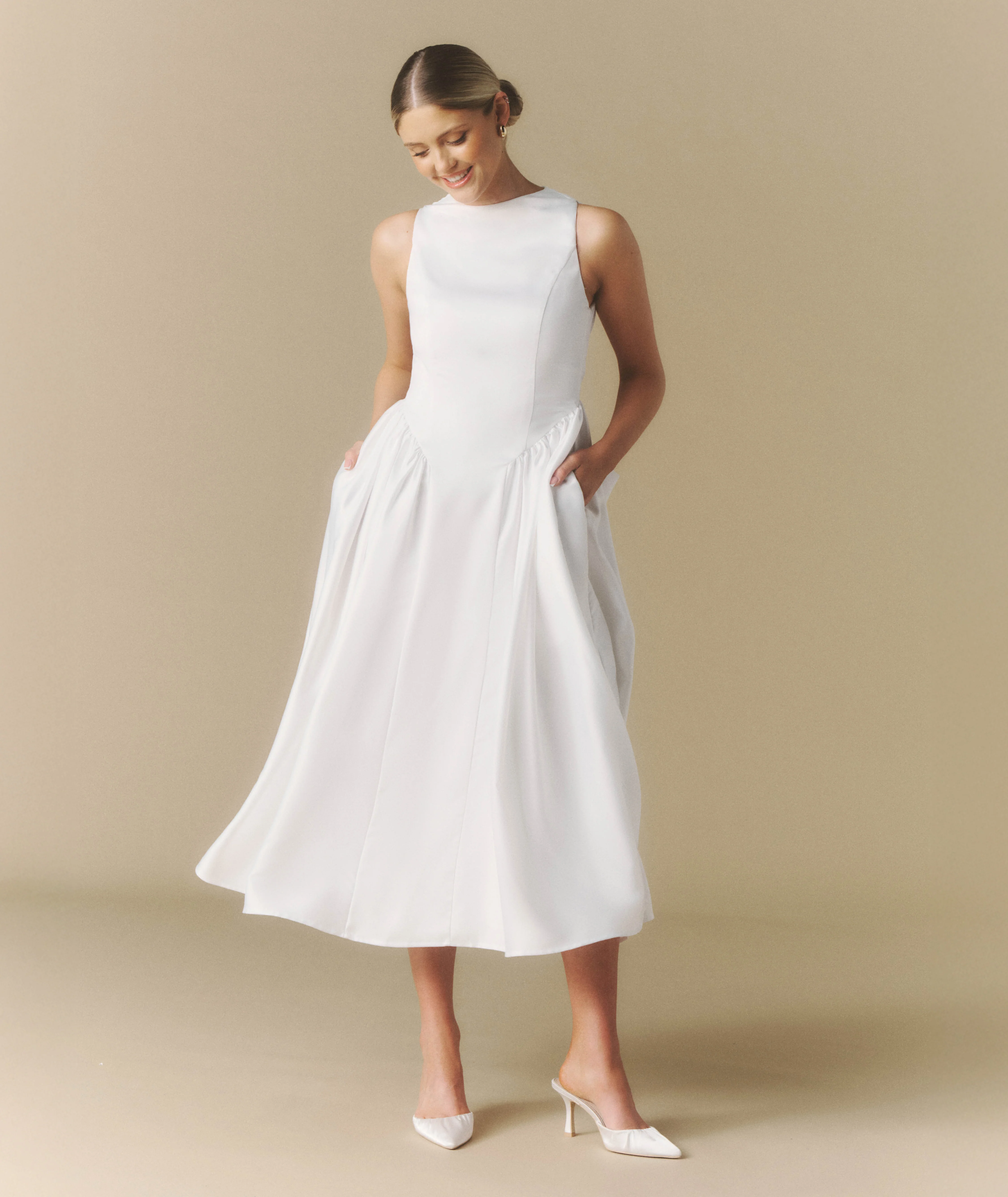 Bow Back Dropped Waist Midi Dress - White - Image 2