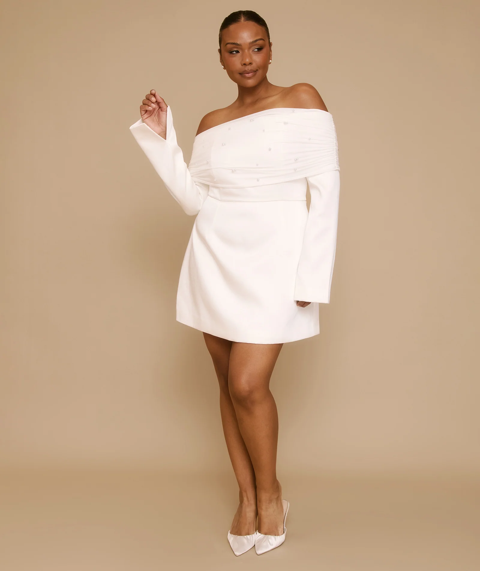 Petite Pearl Trim Bardot Mini Dress - White - Image 2