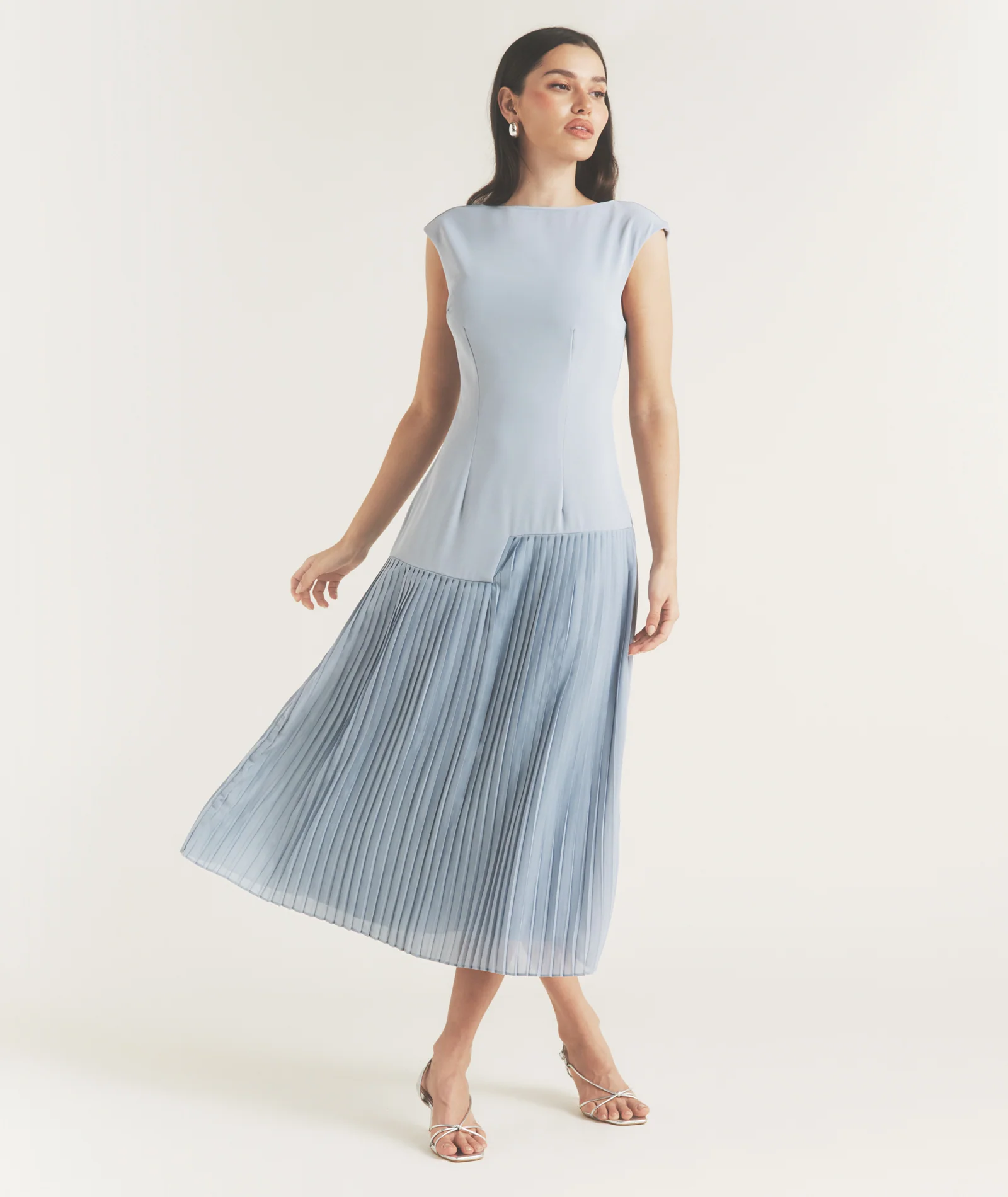 Pleated Cap Sleeve Maxi Dress - Blue
