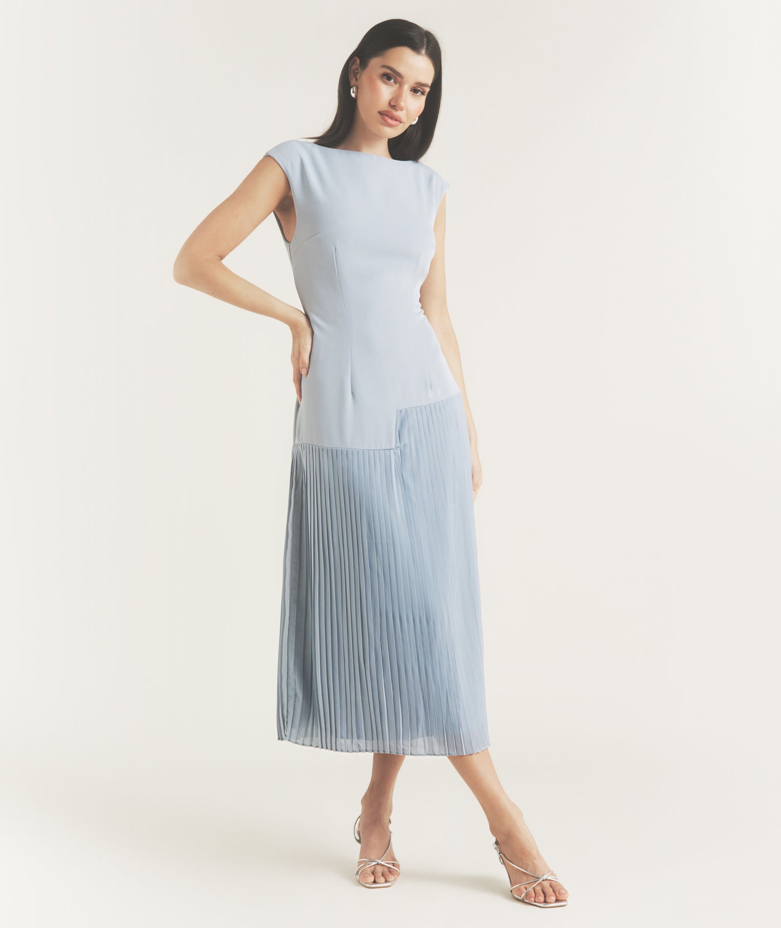 Pleated Cap Sleeve Maxi Dress - Blue - Image 2