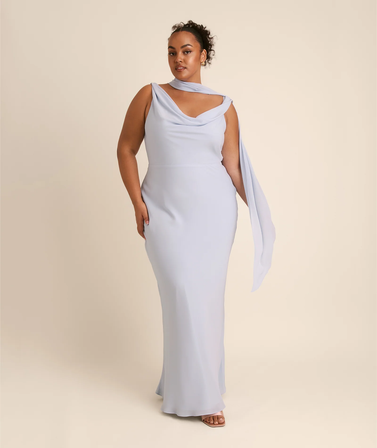 Plunge Cowl Chiffon Bridesmaid Dress with Neck Scarf - Powder Blue - Image 3