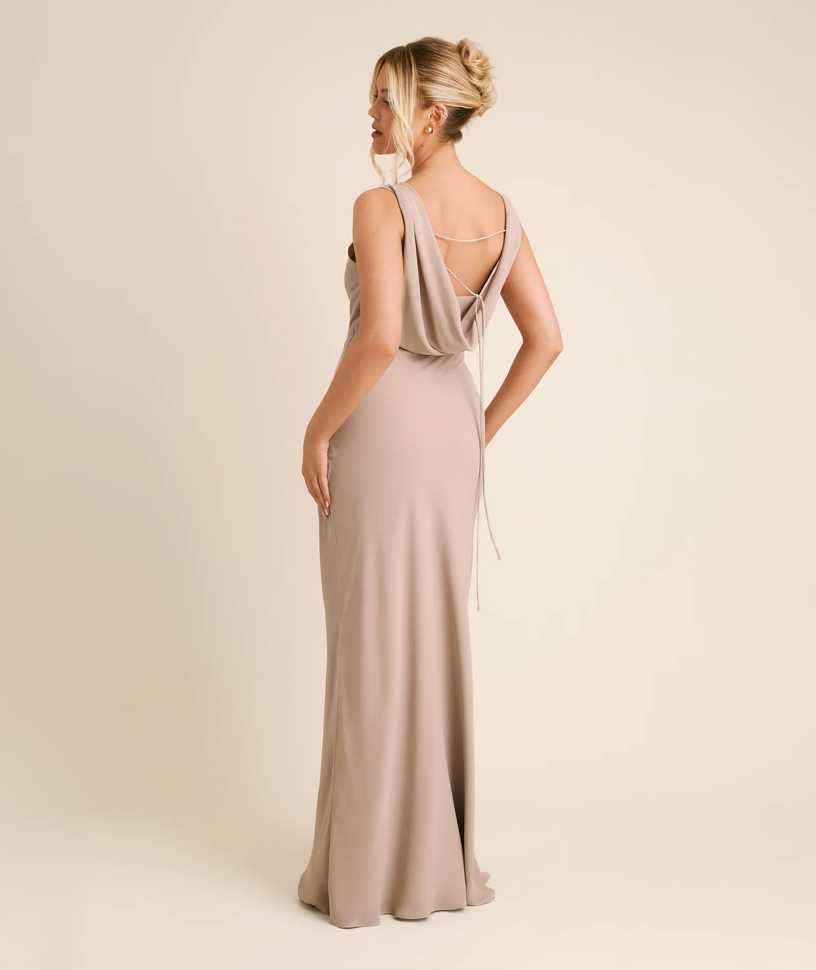 Plunge Cowl Chiffon Bridesmaid Dress with Neck Scarf - Taupe