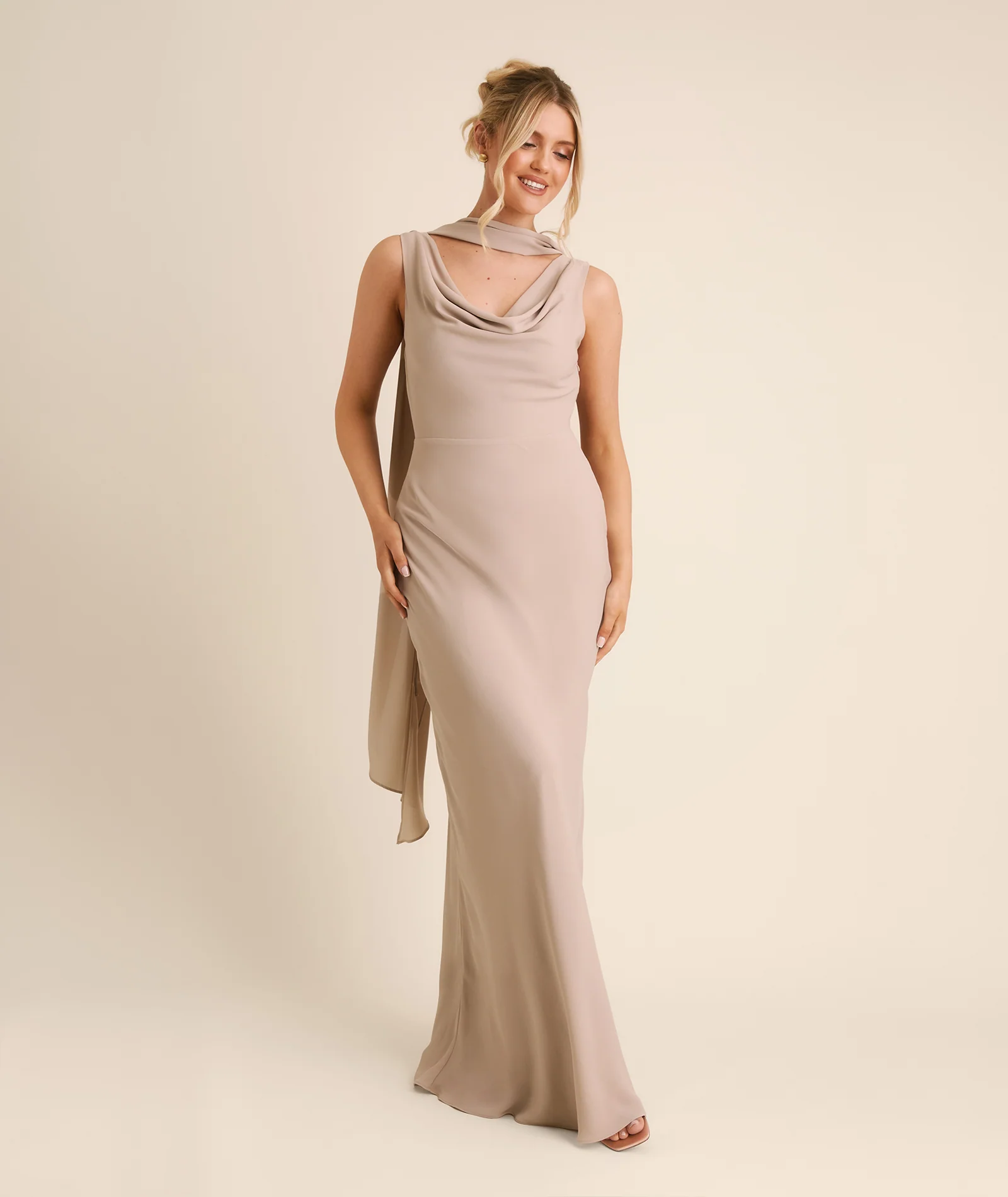Plunge Cowl Chiffon Bridesmaid Dress with Neck Scarf - Taupe - Image 2