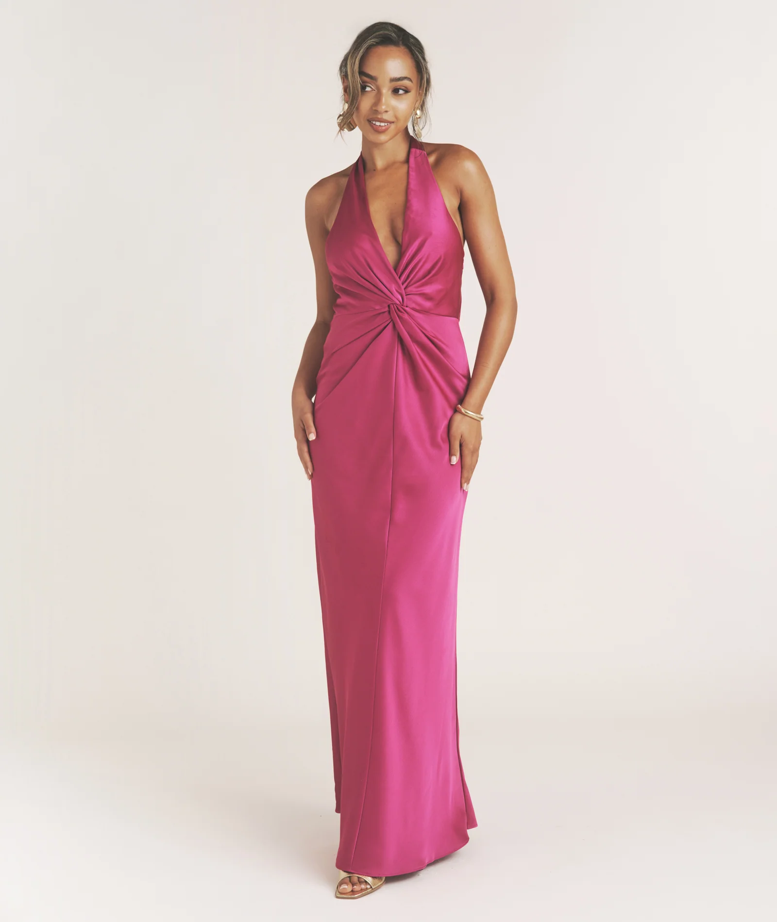 Plunge Knot Detail Dress with Neck Tie - Raspberry Pink