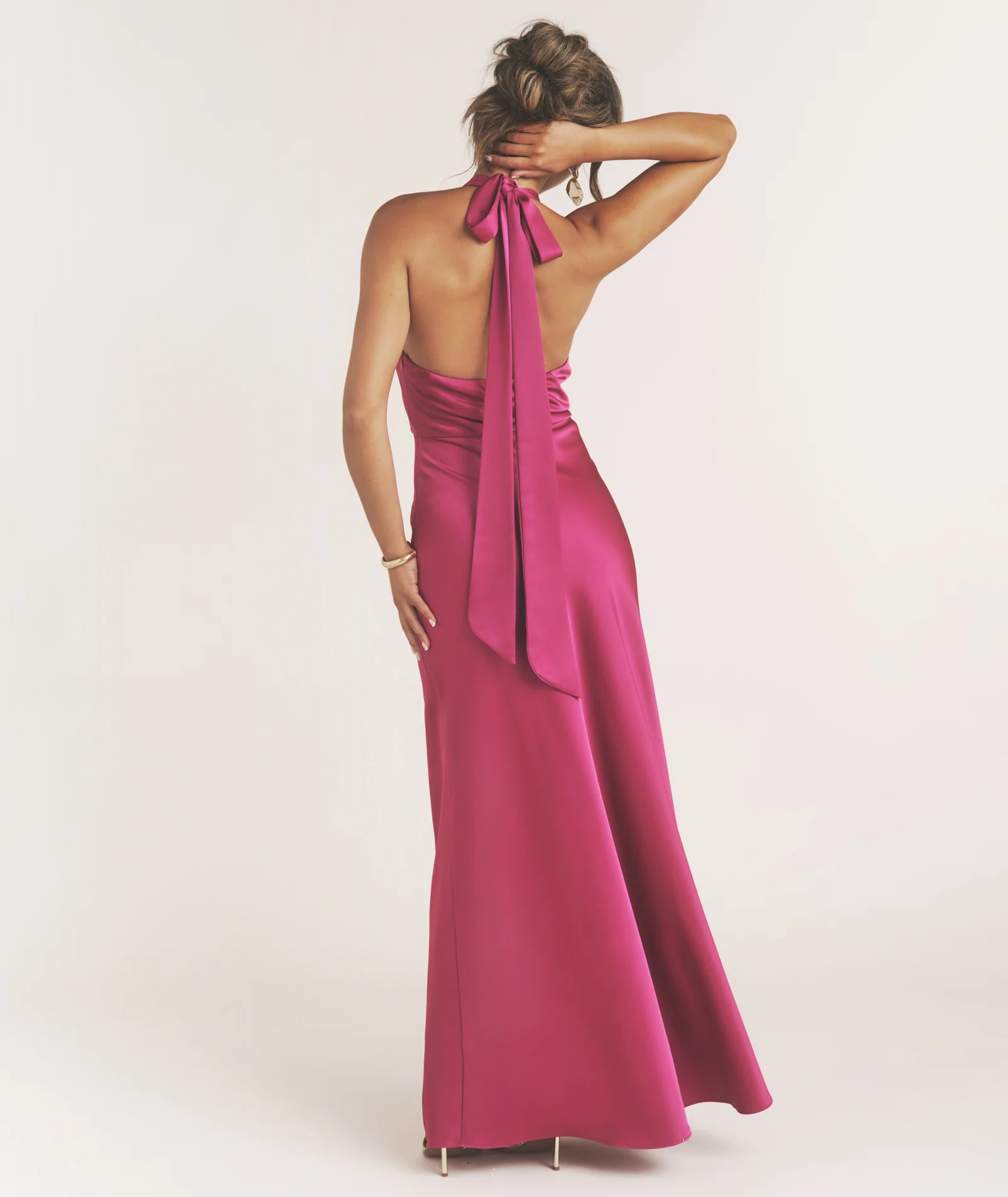 Plunge Knot Detail Dress with Neck Tie - Raspberry Pink - Image 2