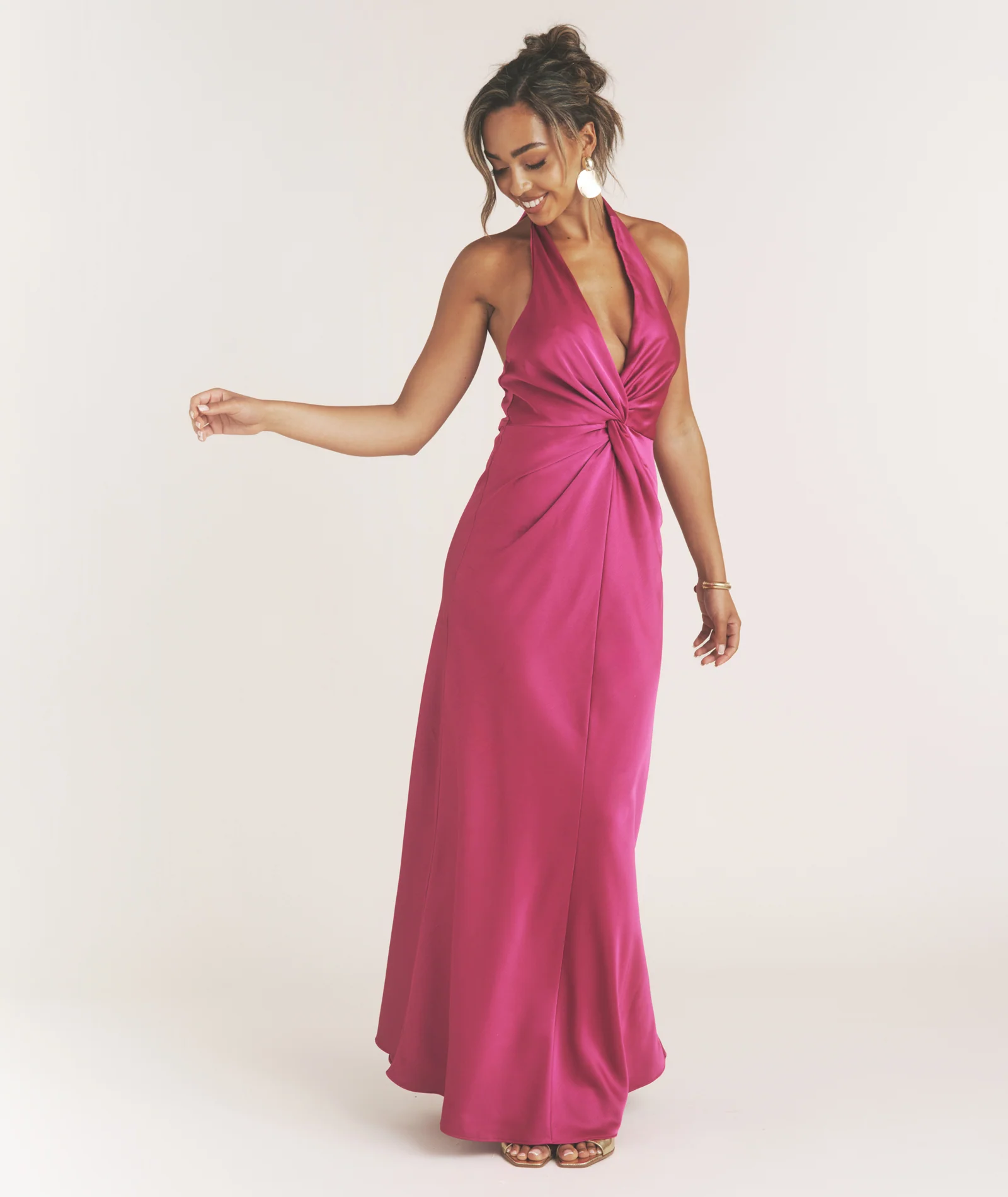 Plunge Knot Detail Dress with Neck Tie - Raspberry Pink - Image 3