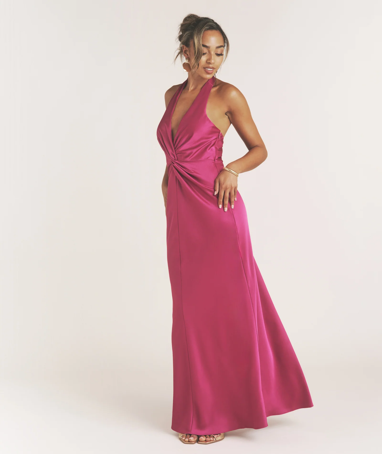 Plunge Knot Detail Dress with Neck Tie - Raspberry Pink - Image 5