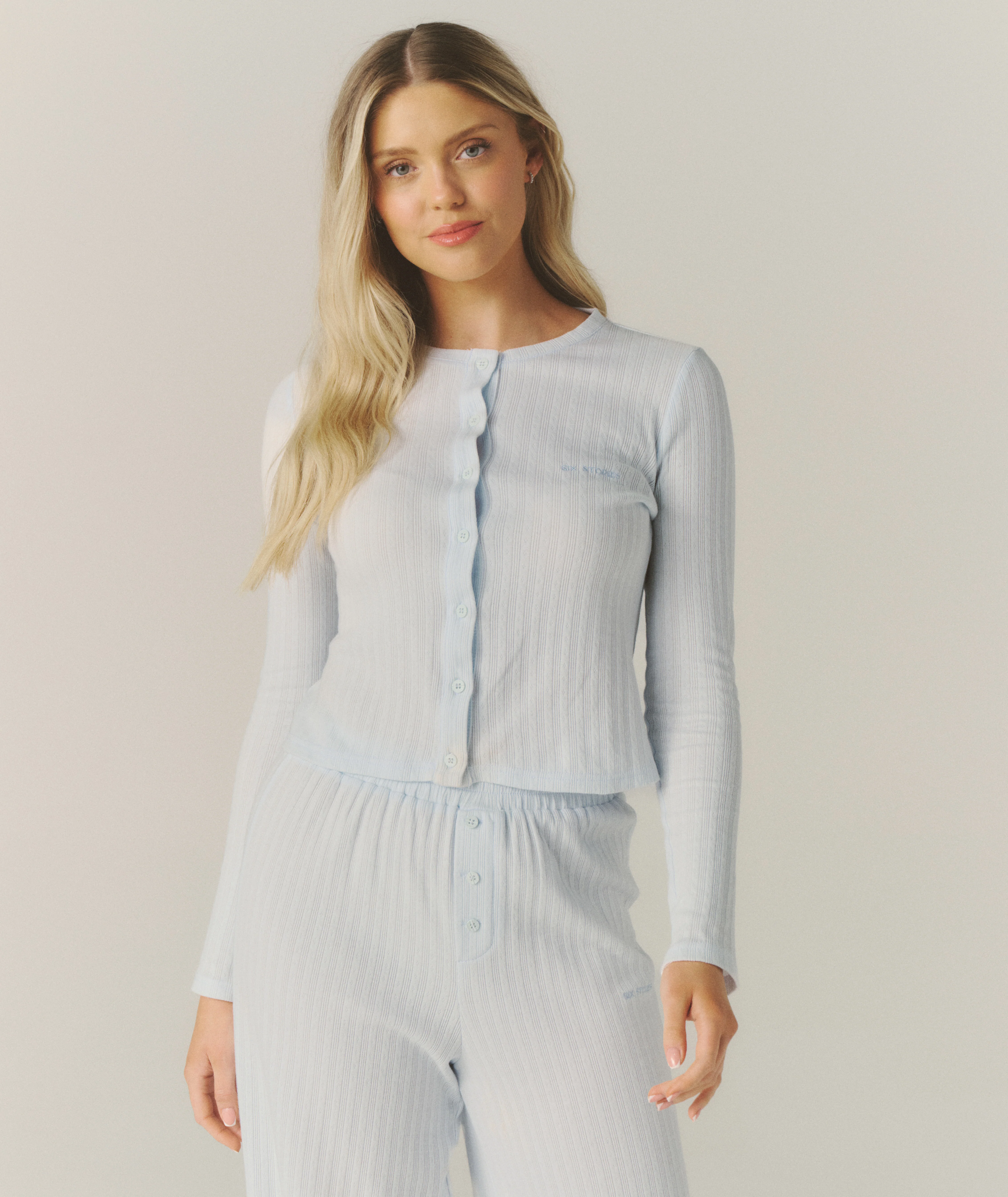 Pointelle Cardigan Pajama Top - Baby Blue