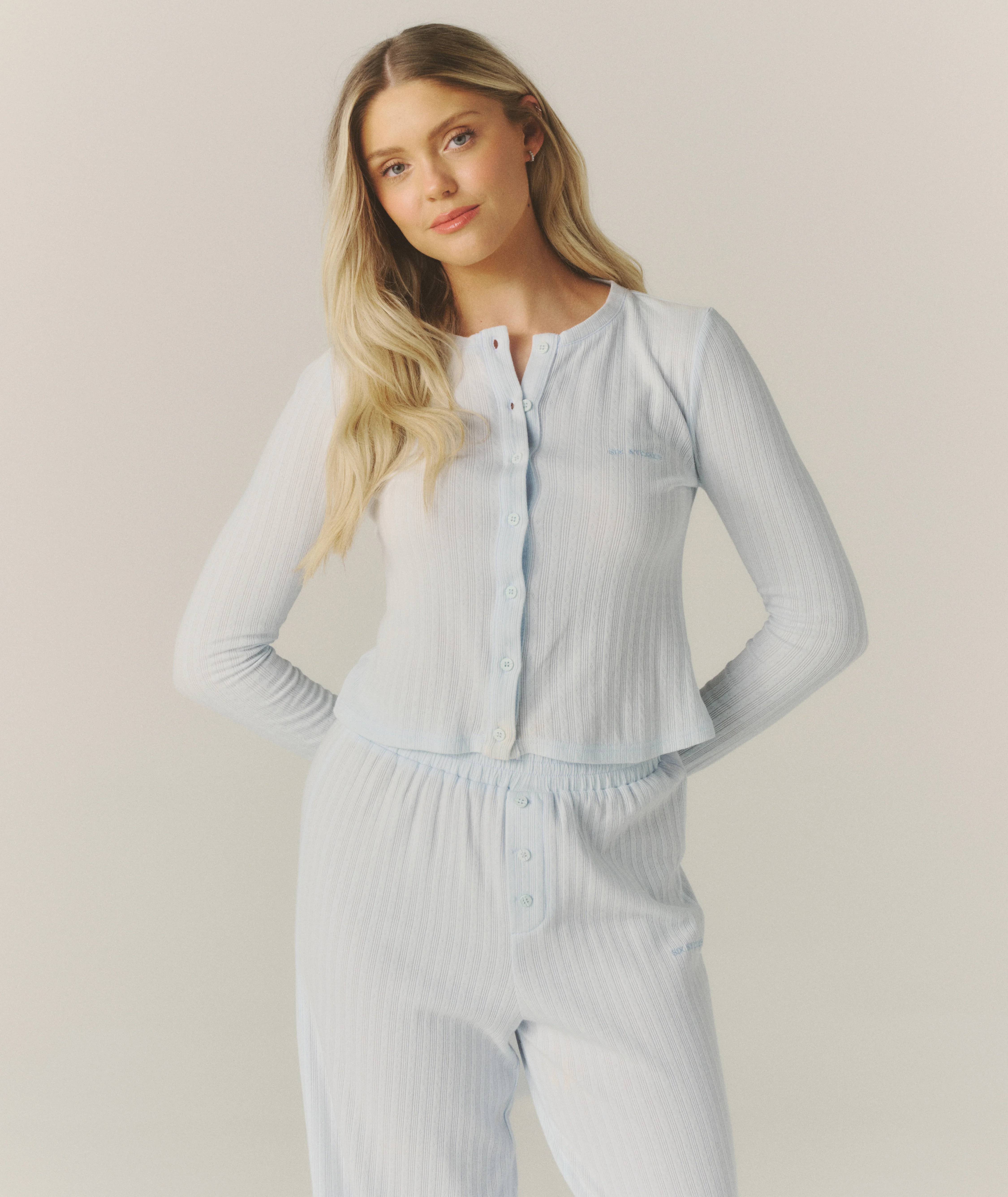 Pointelle Cardigan Pajama Top - Baby Blue - Image 3