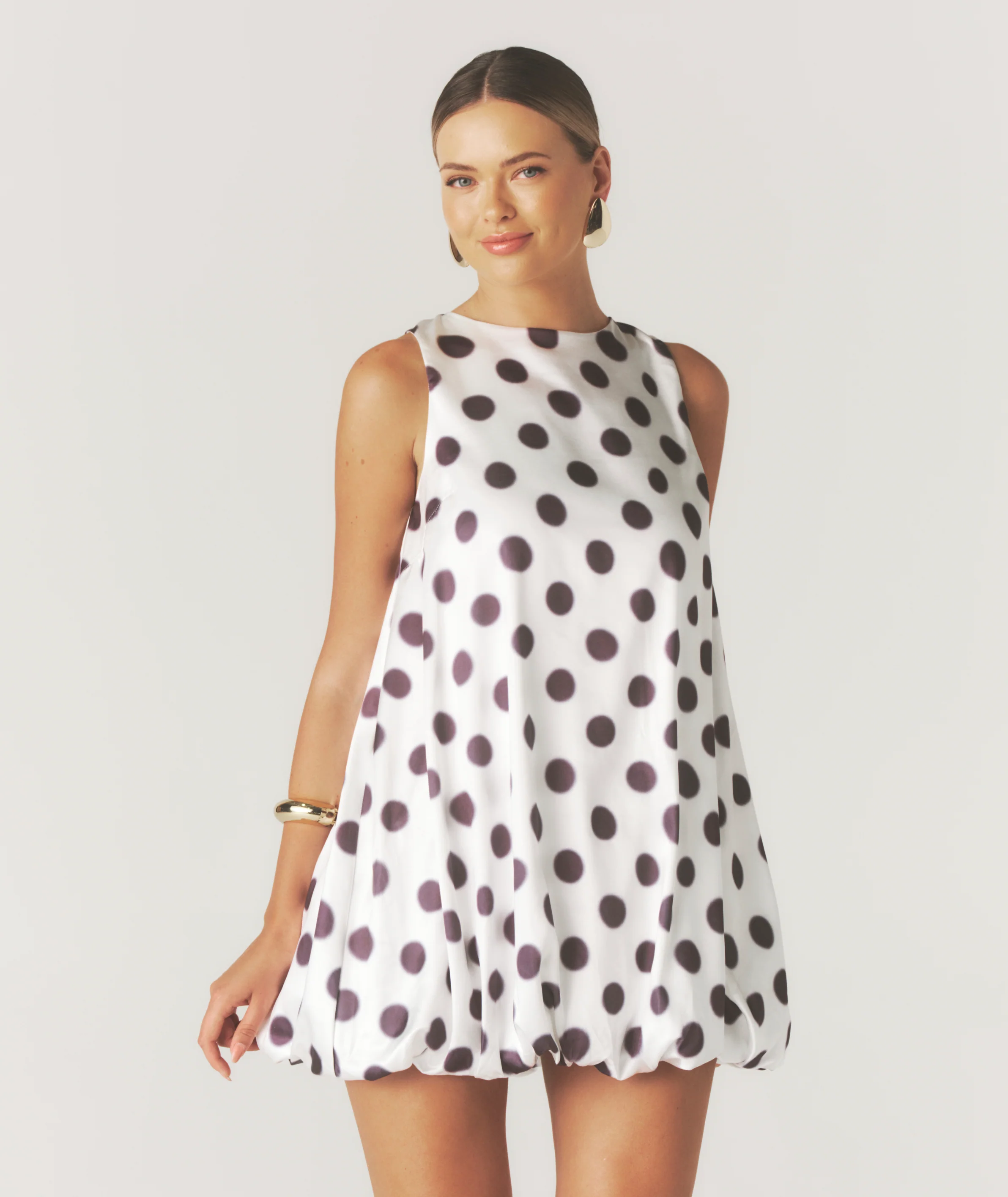Polka Dot Satin Puff Ball Mini Dress - White
