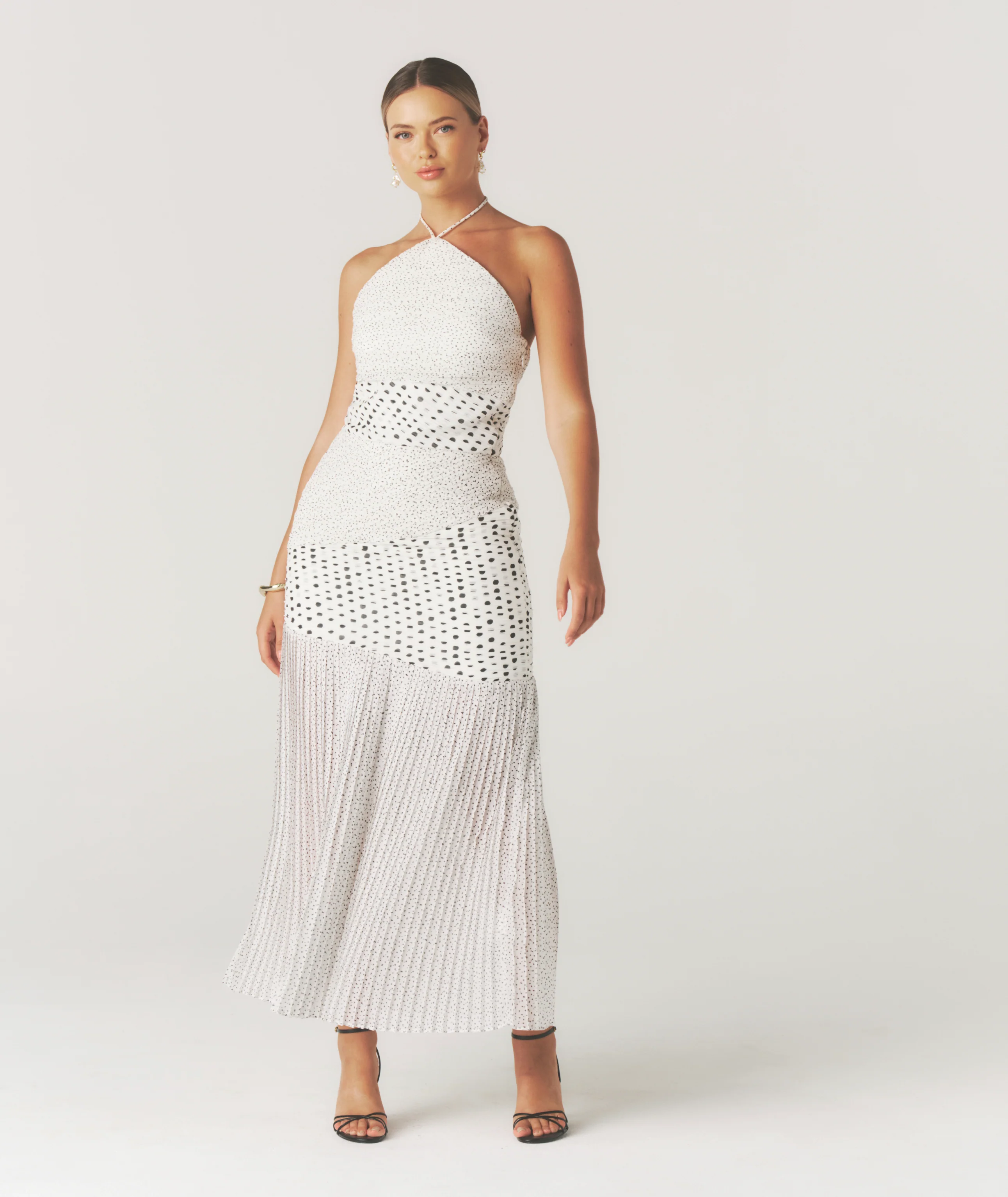 Polka Halter Neck Pleated Midaxi Dress - White