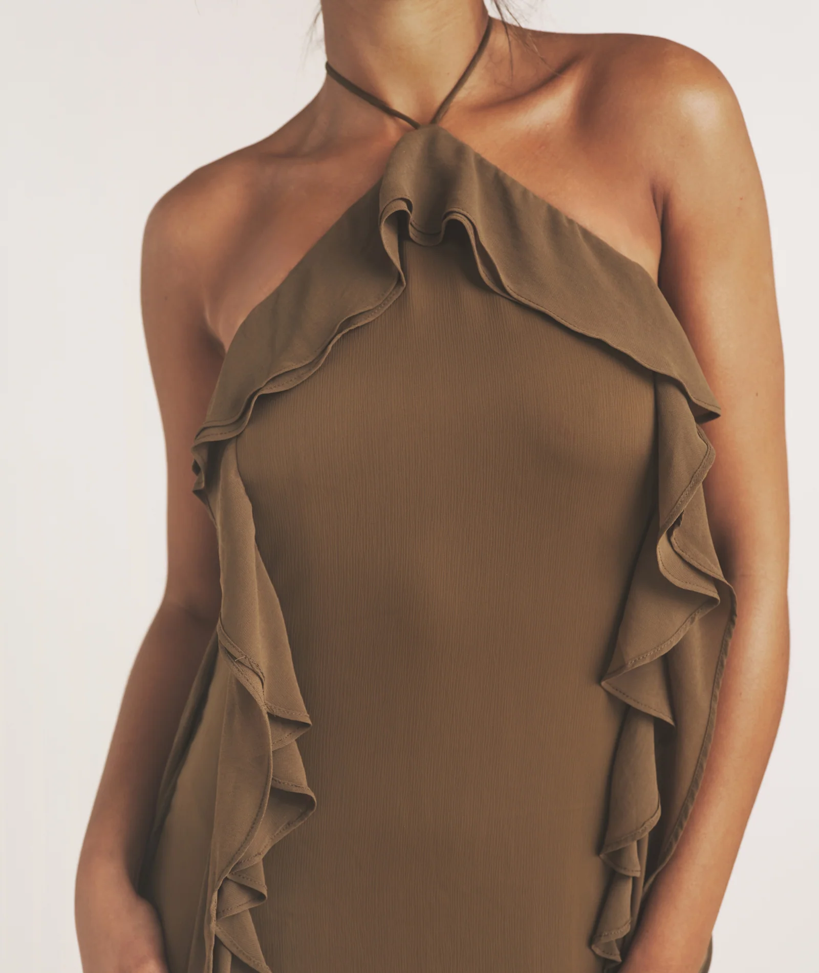 Ruffle Halter Neck Maxi Dress - Olive - Image 2