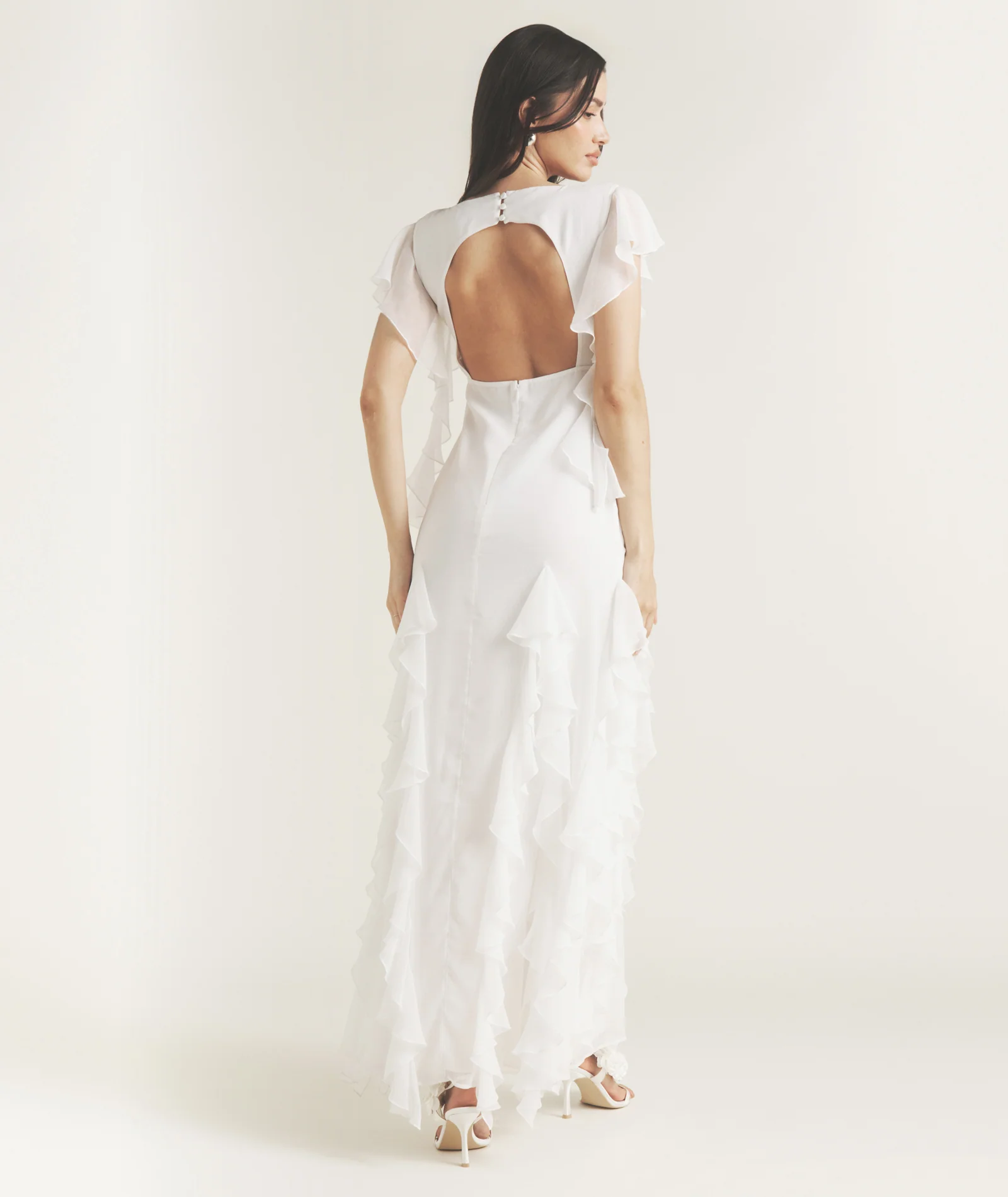 Ruffle V Neck Plunge Maxi Dress - White - Image 2