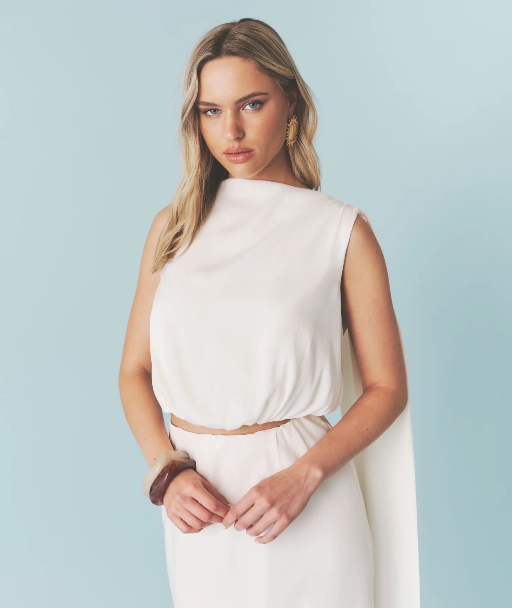 Satin Drape Detail High Neck Top - Cream