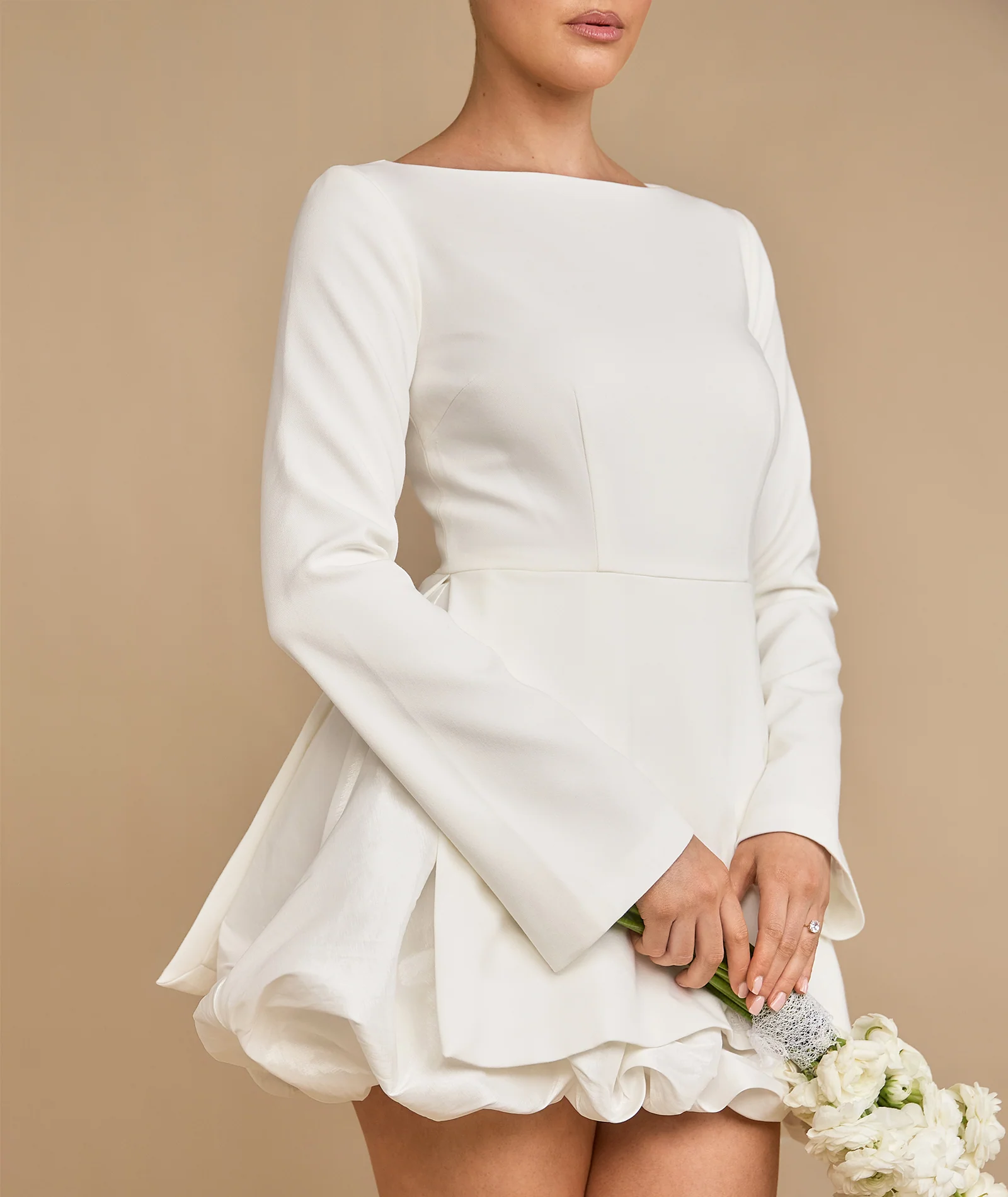 Split Sleeve Bubble Hem Mini Dress - White - Image 2