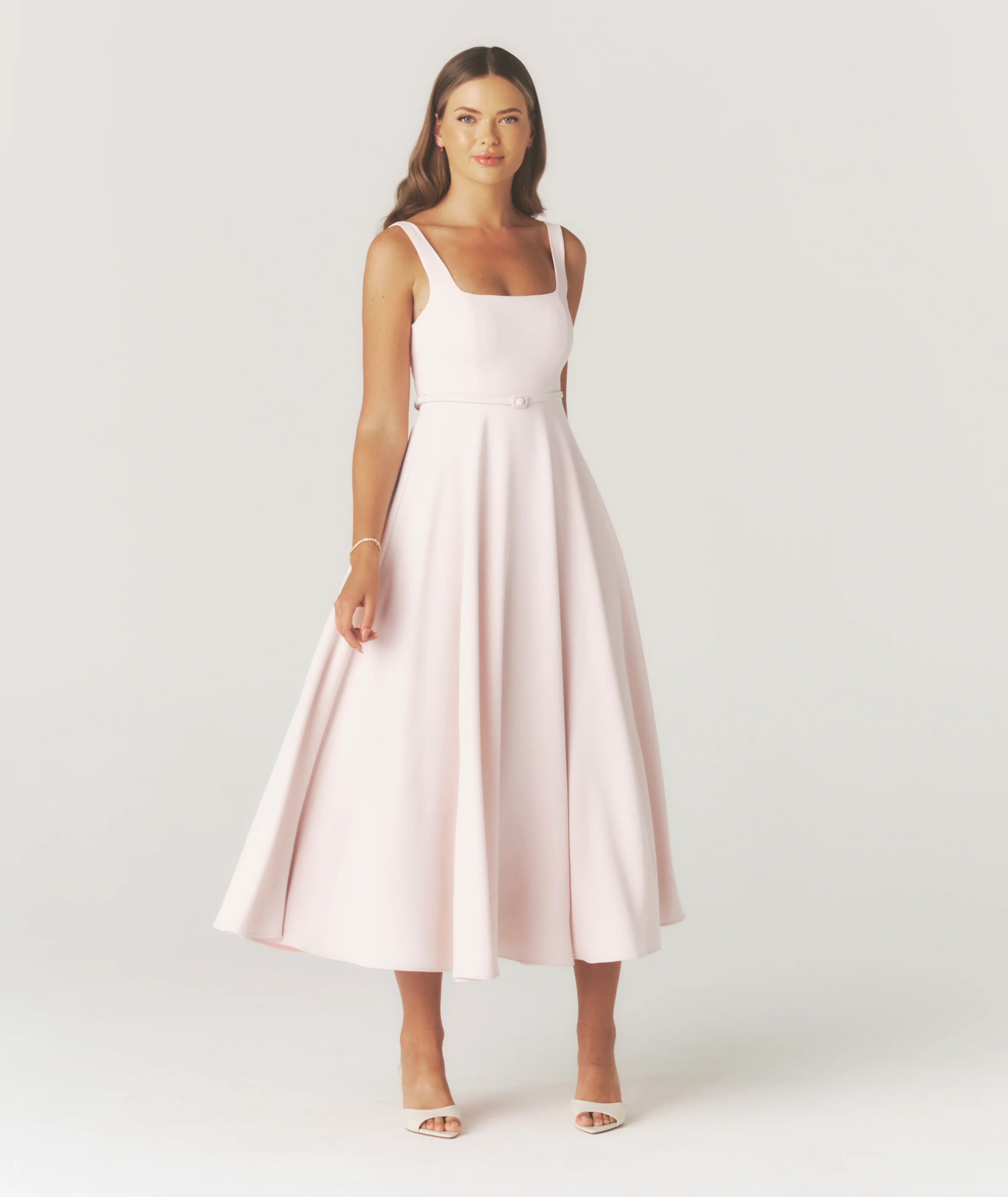 Square Neck Belted Midi Dress - Pale Pink - Image 2