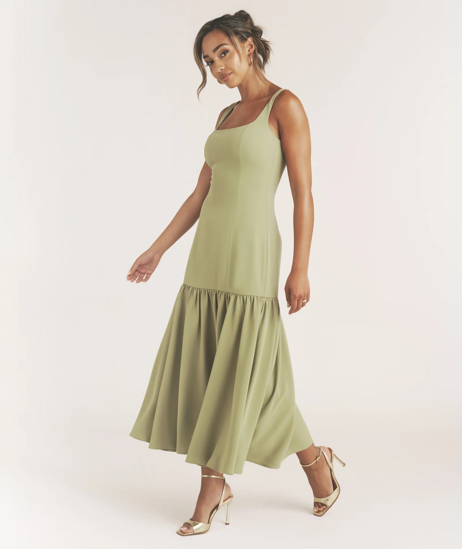 Square Neck Drop Hem Midi Dress - Sage - Image 2