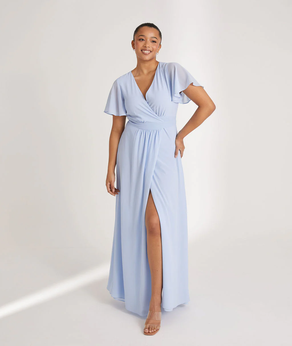 Wrap Tie Chiffon Bridesmaid Dress - Cornflower Blue