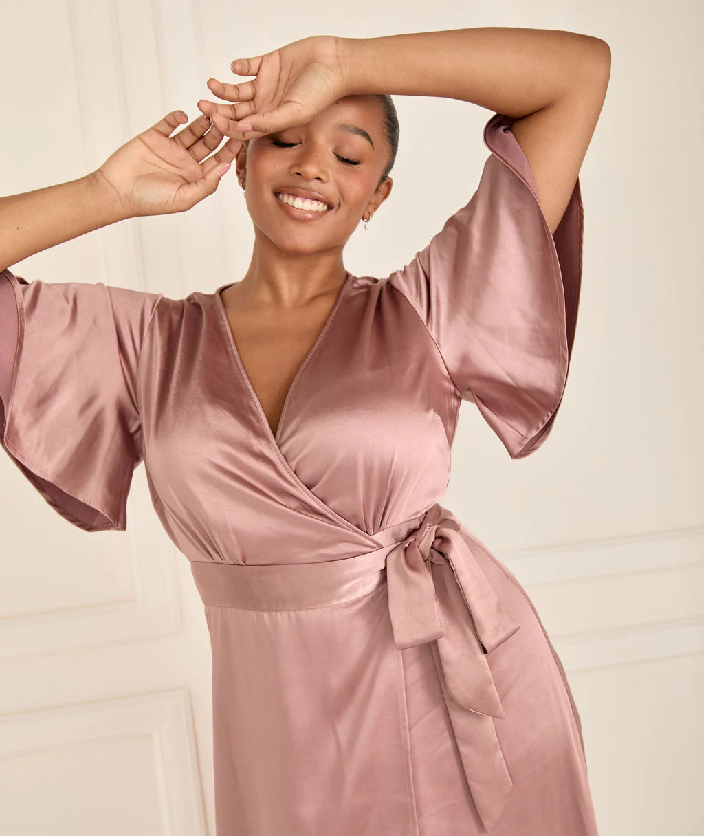 Wrap Tie Satin Bridesmaid Dress - Rose - Image 2