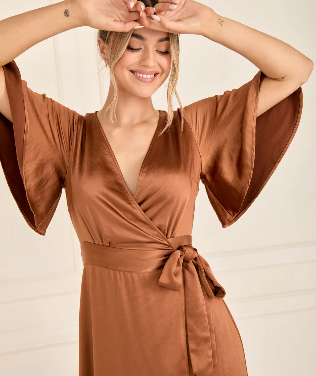 Wrap Tie Satin Bridesmaid Dress - Rust - Image 2