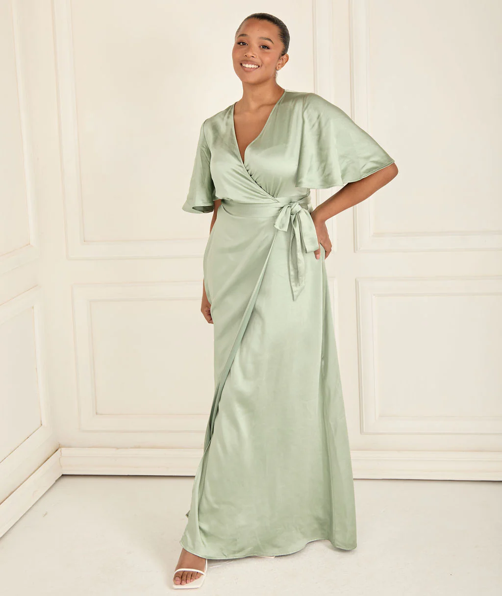 Wrap Tie Satin Bridesmaid Dress - Sage - Image 2